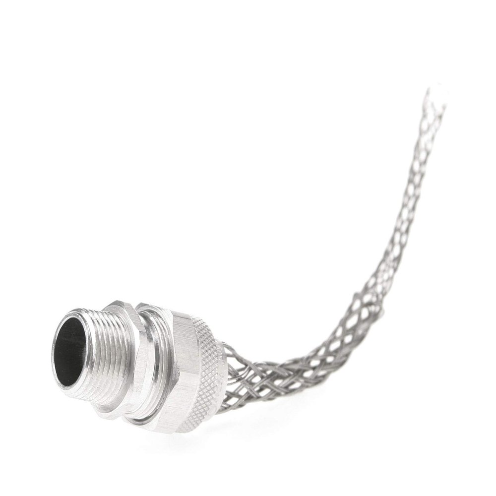 Woodhead 36273 Cable Strain Relief, Straight Male, Deluxe Cord Grip, Aluminum Body, Stainless Steel Mesh, 1-1/4" NPT Thread Size, F5 Form Size, 1.125-1.250" Cable Diameter