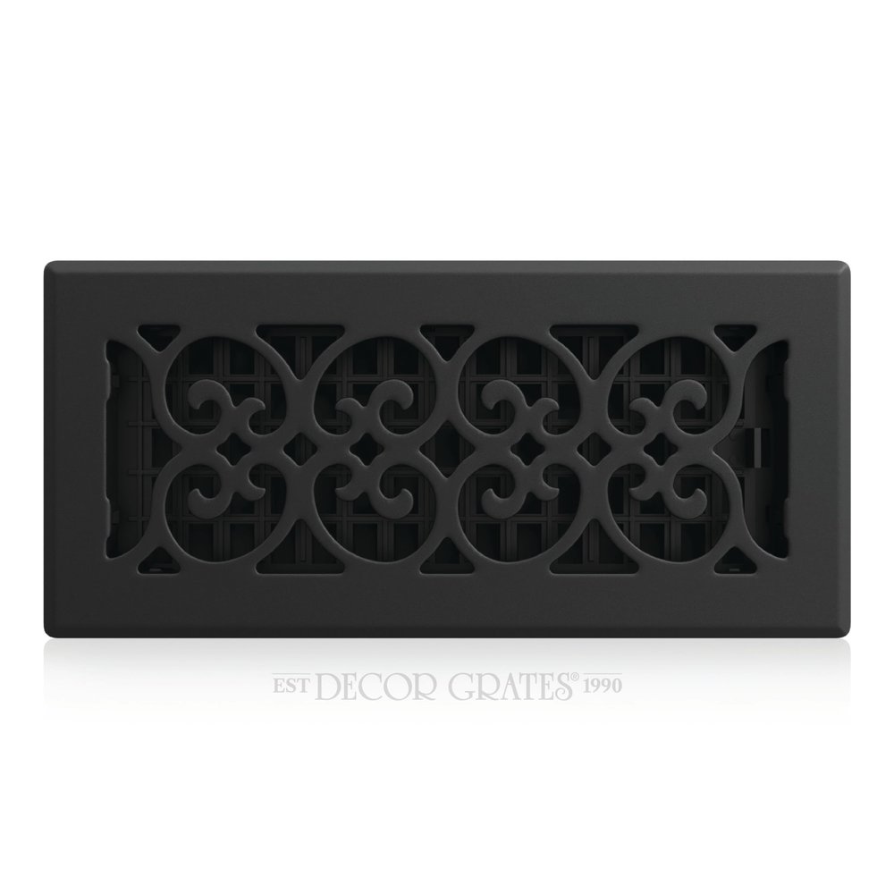 Decor Grates Metal Scroll Decorative Air Vent Cover 4x10 Floor Register  Adjustable Control Lever  AC Floor Vent Covers for Home Floor Vents  Fits 4 x 10 Inch Opening  Textured Black (ST410)