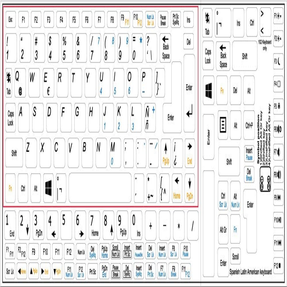 SPANISH LATIN AMERICAN NETBOOK KEYBOARD LABELS LAYOUT WHITE BACKGROUND