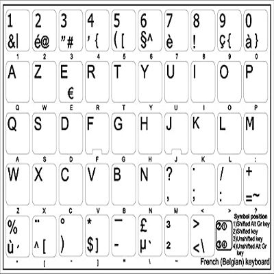 BELGIAN FRENCH NON-TRANSPARENT KEYBOARD LABELS with BLACK COLOR LETTERING and WHITE BACKGROUND for DESKTOP, LAPTOP and NOTEBOOK
