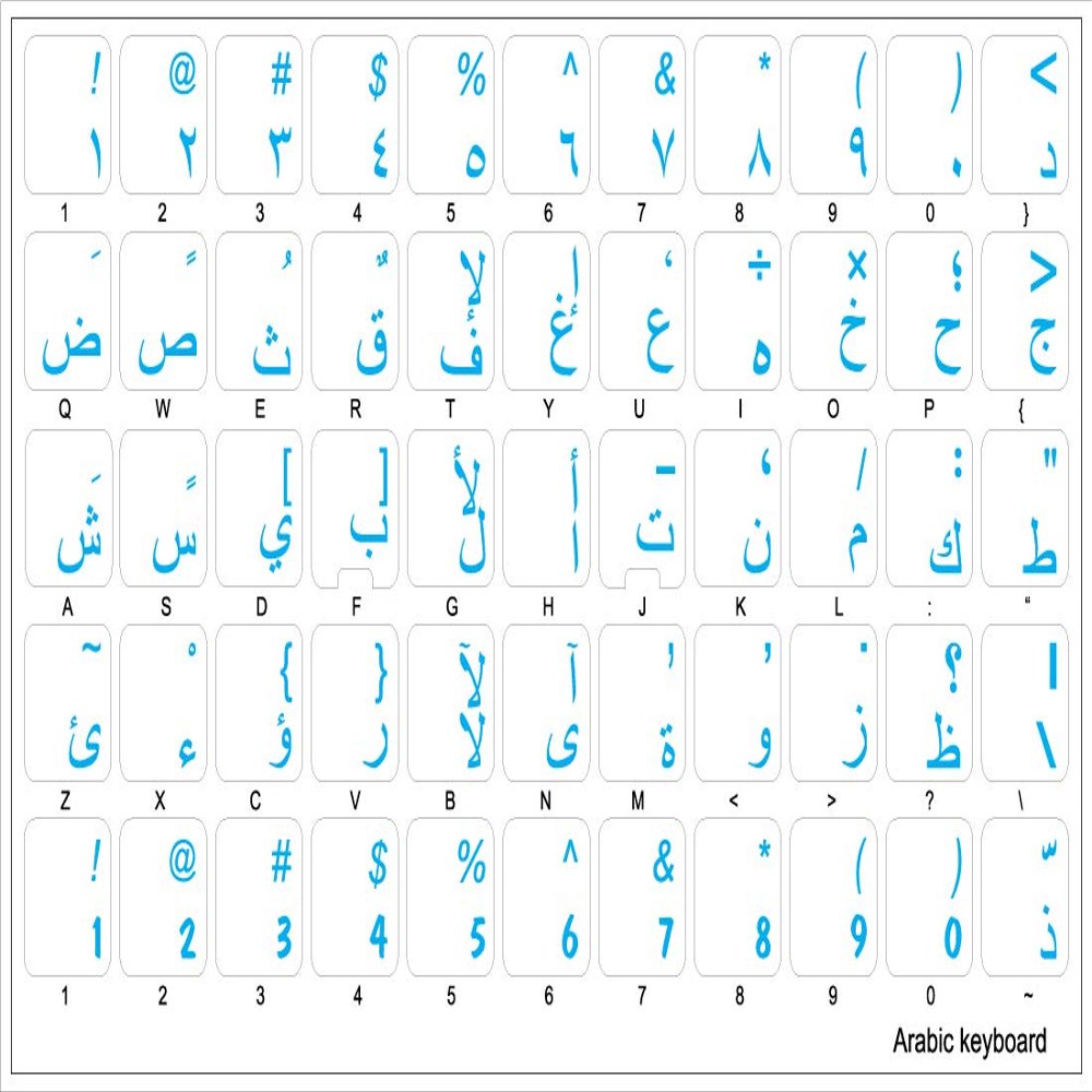 Arabic Keyboard Stickers with Blue Lettering Transparent Background for Desktop, Laptop and Notebook
