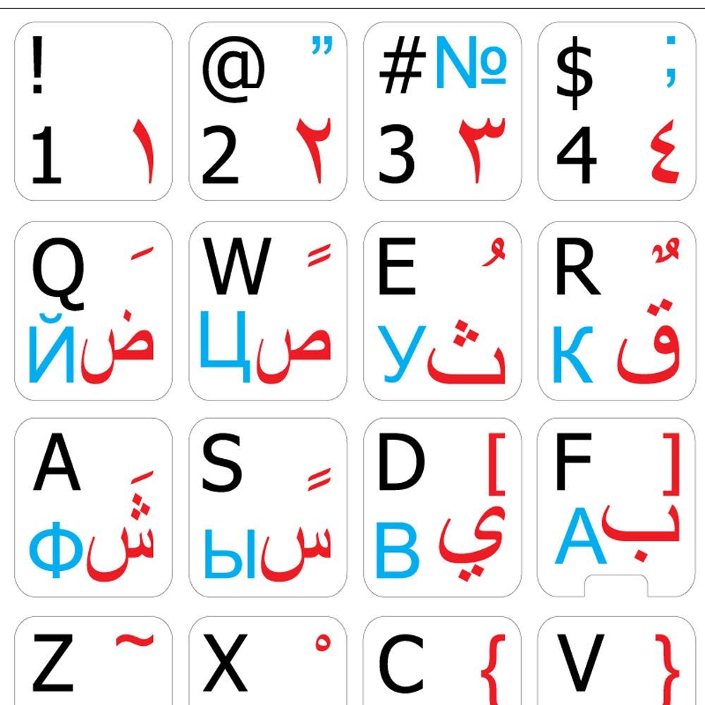 ARABIC RUSSIAN CYRILLIC ENGLISH NON-TRANSPARENT KEYBOARD LABELS WHITE BACKGROUND for DESKTOP, LAPTOP and NOTEBOOK