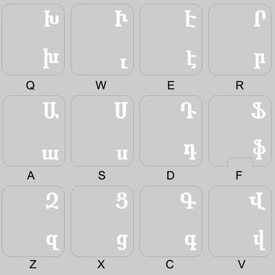 ARMENIAN KEYBOARD STICKERS ON TRANSPARENT BACKGROUND with WHITE LETTERING