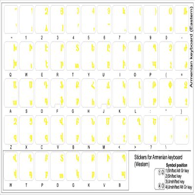 Armenian Keyboard Stickers with Yellow Lettering ON Transparent Background for Desktop, Laptop and Notebook