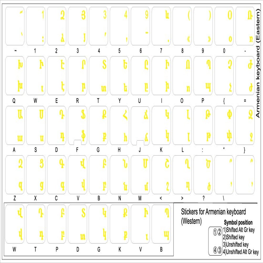 Armenian Keyboard Stickers with Yellow Lettering ON Transparent Background for Desktop, Laptop and Notebook