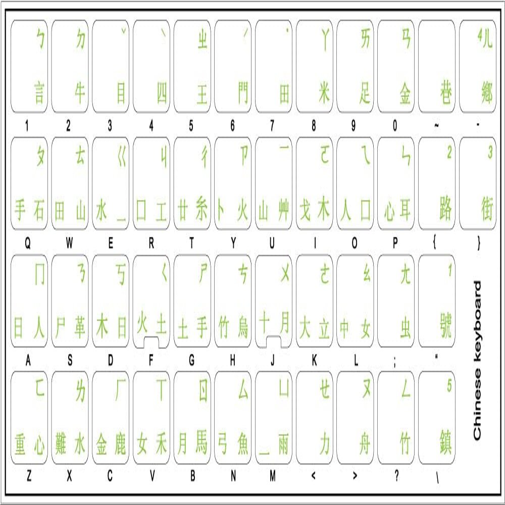 Chinese Keyboard Stickers with Green Lettering ON Transparent Background for Desktop, Laptop and Notebook
