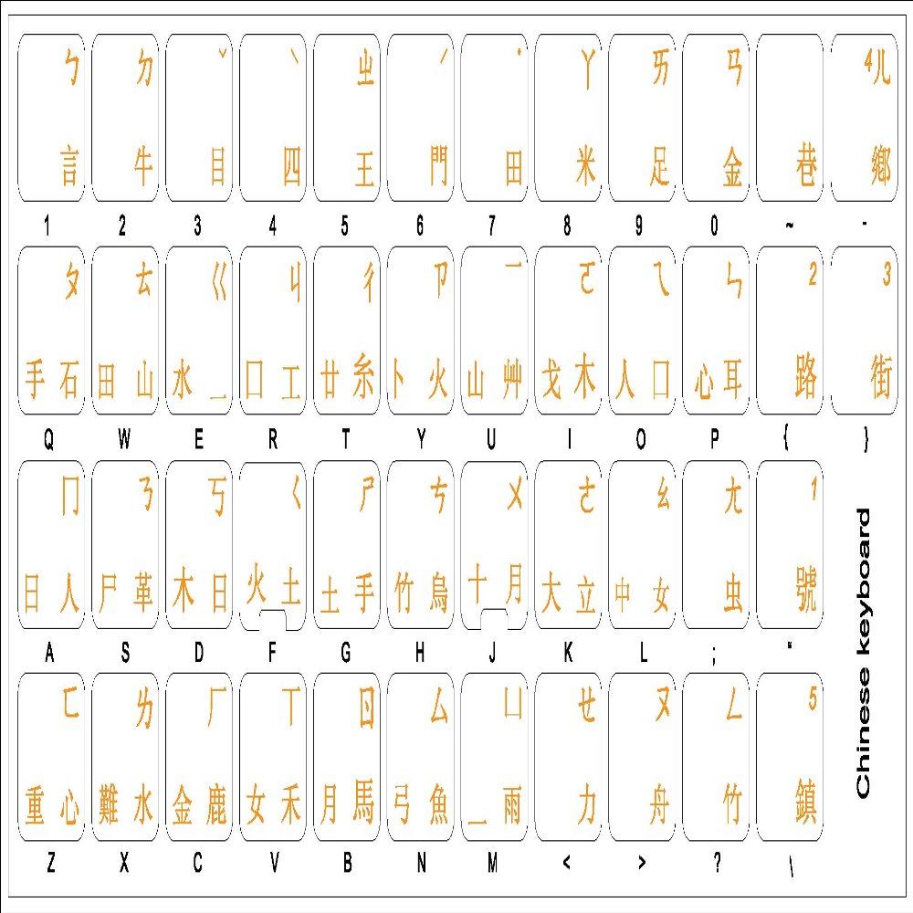 Chinese Keyboard Stickers with Orange Lettering ON Transparent Background for Desktop, Laptop and Notebook