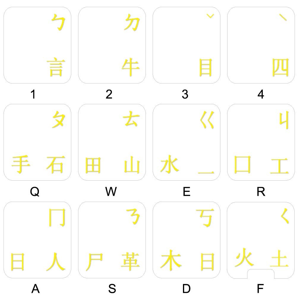 Chinese Keyboard Stickers with Yellow Lettering Clear Transparent Background