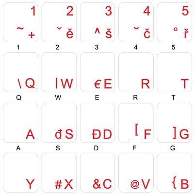 Czech Keyboard Decals with RED Lettering Transparent Background