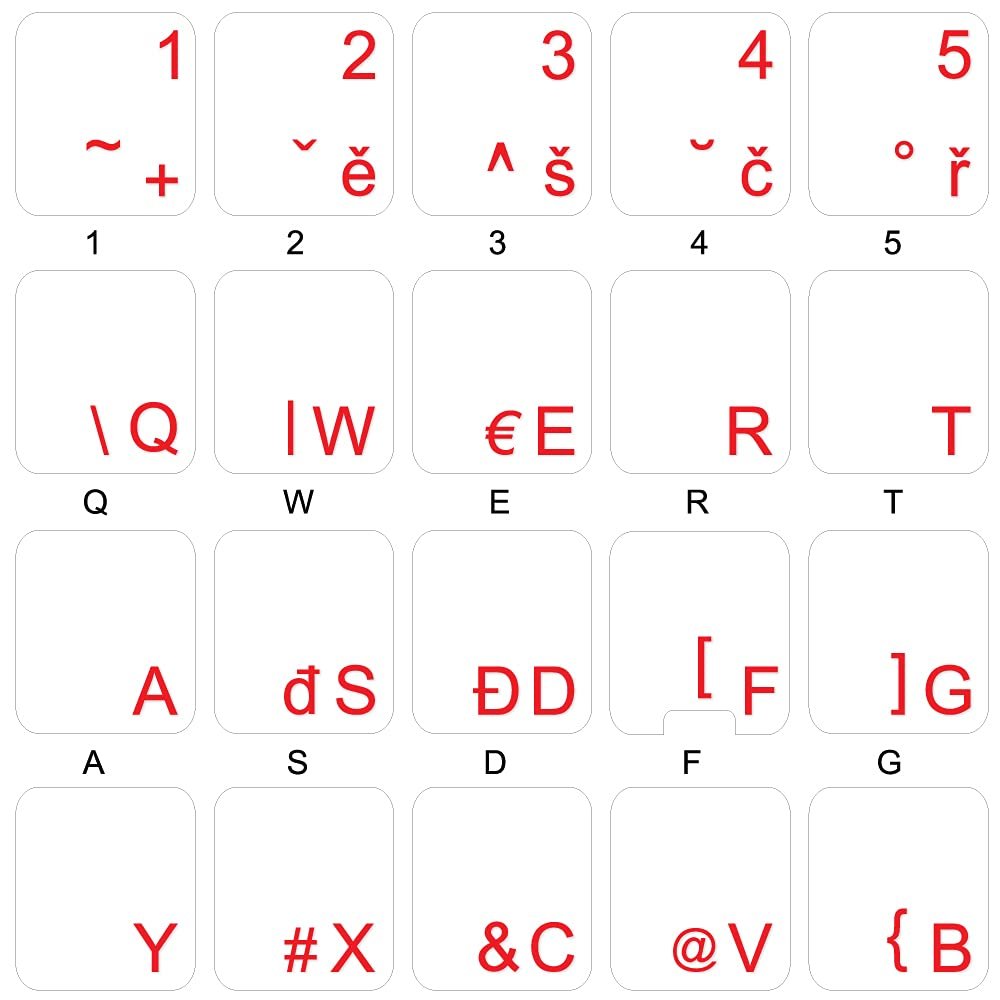 Czech Keyboard Decals with RED Lettering Transparent Background