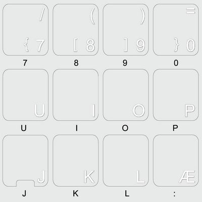 DANISH KEYBOARD DECALS with WHITE LETTERING TRANSPARENT BACKGROUND for DESKTOP, LAPTOP and NOTEBOOK