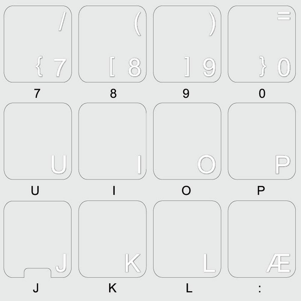DANISH KEYBOARD DECALS with WHITE LETTERING TRANSPARENT BACKGROUND for DESKTOP, LAPTOP and NOTEBOOK