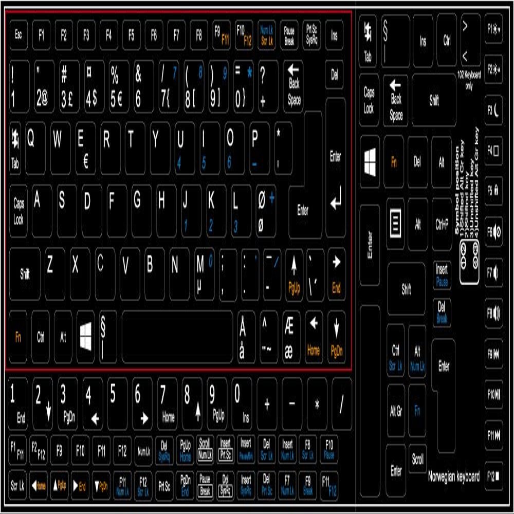 4Keyboard Norwegian ON Black Background Netbook Non-Transparent Keyboard Labels Layout