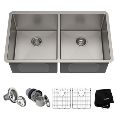 KRAUS Stainless Steel 33 in Double Bowl Undermount Kitchen Sink KHU102-33