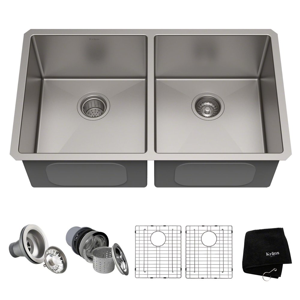 KRAUS Stainless Steel 33 in Double Bowl Undermount Kitchen Sink KHU102-33