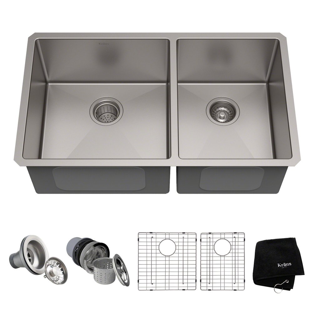 KRAUS Stainless Steel 33 in Double Bowl Undermount Kitchen Sink KHU103-33