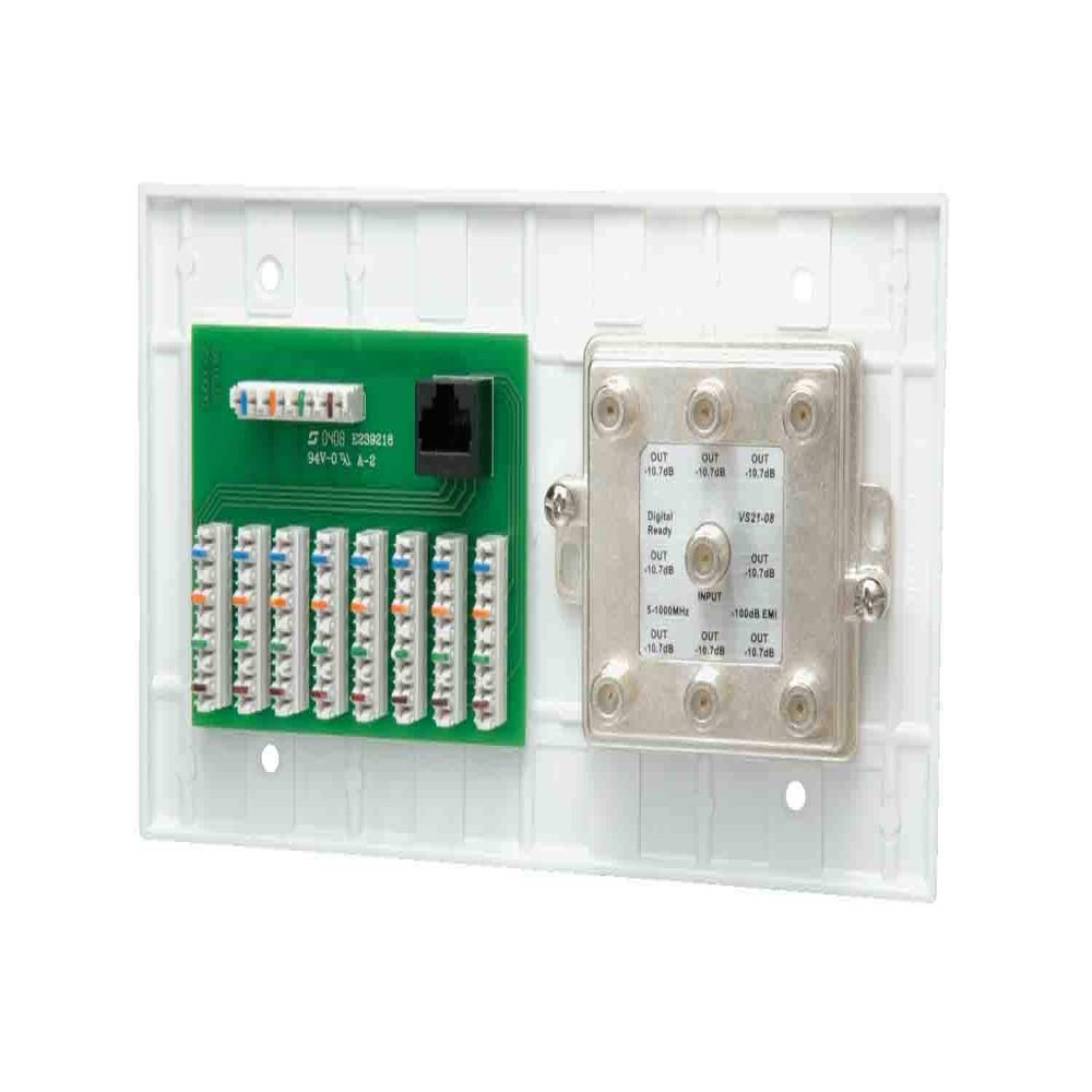 DataComm Electronics 70-0078 Multimedia Outlet, 4-Gang, 4 x 8 Phone, 6 x 1 Video Splitter, White