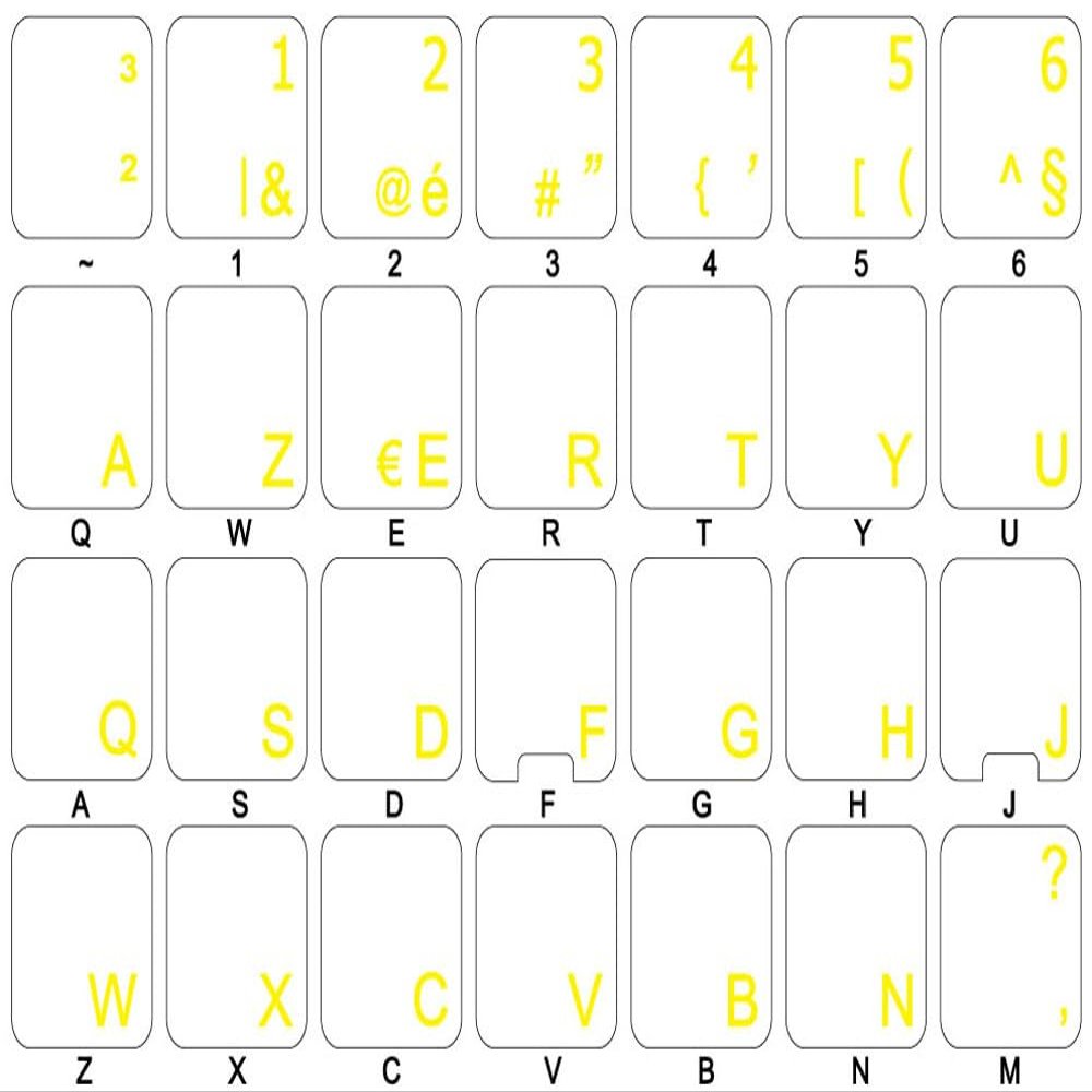 Belgian French Keyboard Labels Layout with Yellow Lettering ON Transparent Background for Desktop, Laptop and Notebook