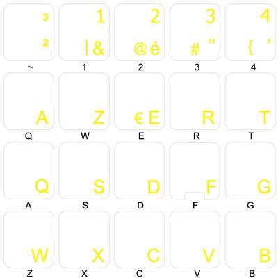 BELGIAN FRENCH KEYBOARD STICKERS WITH YELLOW LETTERING ON TRANSPARENT BACKGROUND FOR DESKTOP, LAPTOP AND NOTEBOOK