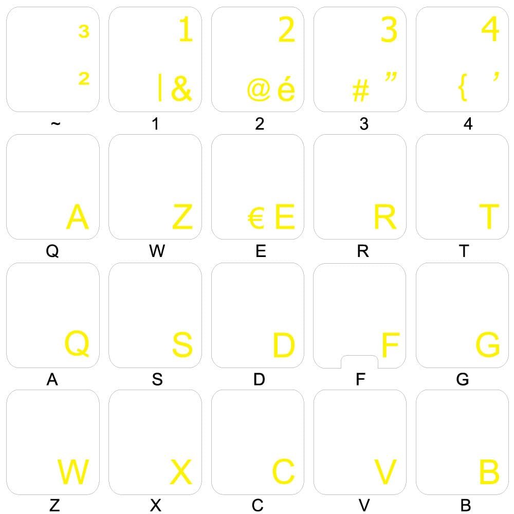 BELGIAN FRENCH KEYBOARD STICKERS WITH YELLOW LETTERING ON TRANSPARENT BACKGROUND FOR DESKTOP, LAPTOP AND NOTEBOOK