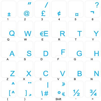 French QWERTY Canadian Keyboard Labels with Blue Lettering ON Transparent Background for Desktop, Laptop and Notebook