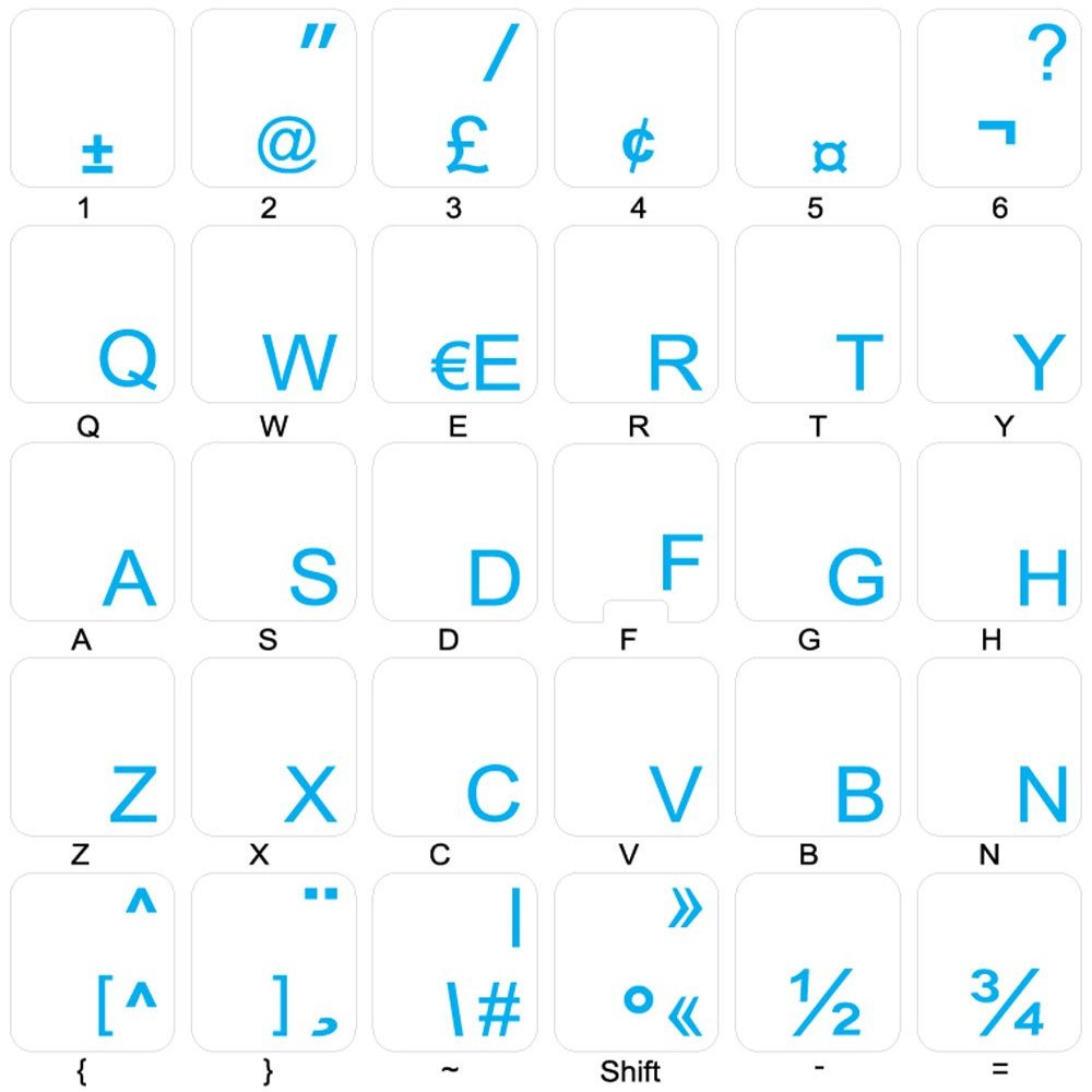 French QWERTY Canadian Keyboard Labels with Blue Lettering ON Transparent Background for Desktop, Laptop and Notebook