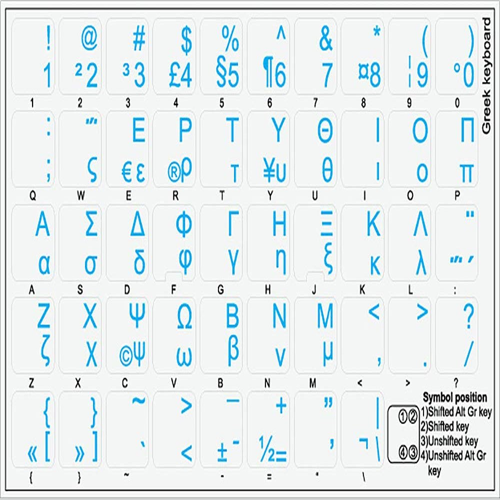 4Keyboard Greek Keyboard Labels with Blue Lettering ON Transparent Background for Desktop, Laptop and Notebook