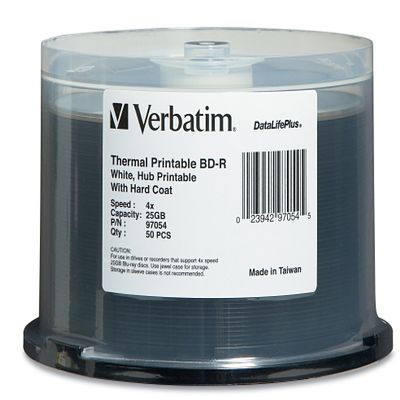 Verbatim 97054 DataLifePlus 25 GB 4X Blu-ray Single-Layer Recordable White Thermal Hub Printable Disc BD-R, 50 Disc Spindle