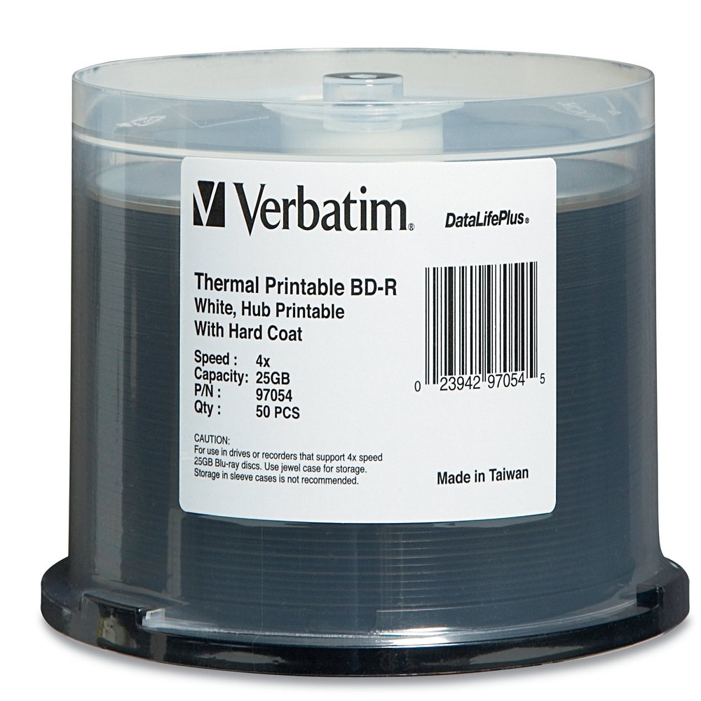 Verbatim 97054 DataLifePlus 25 GB 4X Blu-ray Single-Layer Recordable White Thermal Hub Printable Disc BD-R, 50 Disc Spindle