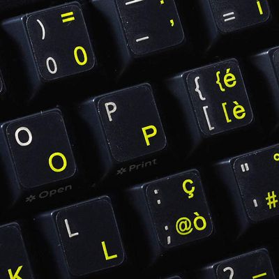 ITALIAN KEYBOARD STICKERS with YELLOW LETTERING ON TRANSPARENT BACKGROUND for DESKTOP, LAPTOP and NOTEBOOK