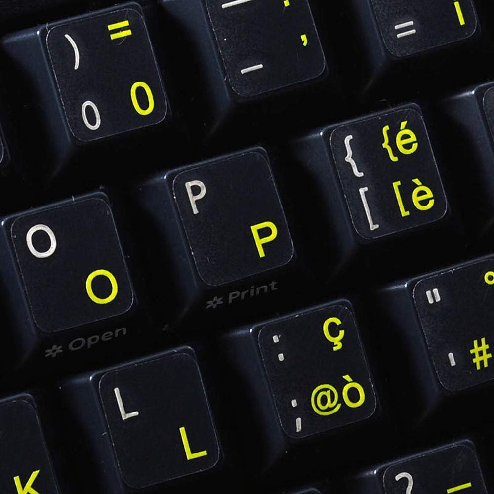 ITALIAN KEYBOARD STICKERS with YELLOW LETTERING ON TRANSPARENT BACKGROUND for DESKTOP, LAPTOP and NOTEBOOK