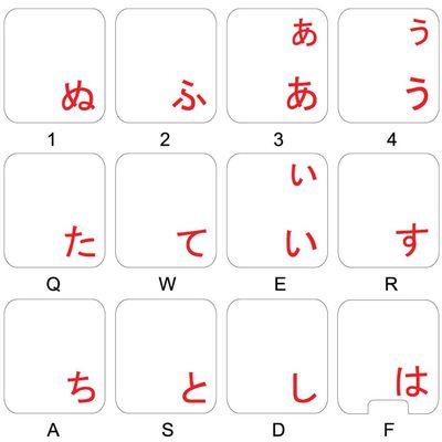 4Keyboard Japanese Hiragana Keyboard Stickers with RED Lettering ON Transparent Background for Desktop, Laptop and Notebook