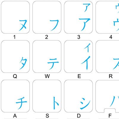 JAPANESE KATAKANA KEYBOARD STICKER with BLUE LETTERING ON TRANSPARENT BACKGROUND for DESKTOP, LAPTOP and NOTEBOOK