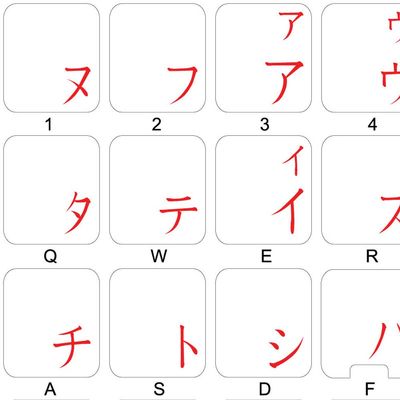 JAPANESE KATAKANA KEYBOARD STICKERS WITH RED LETTERING ON TRANSPARENT BACKGROUND FOR DESKTOP, LAPTOP AND NOTEBOOK