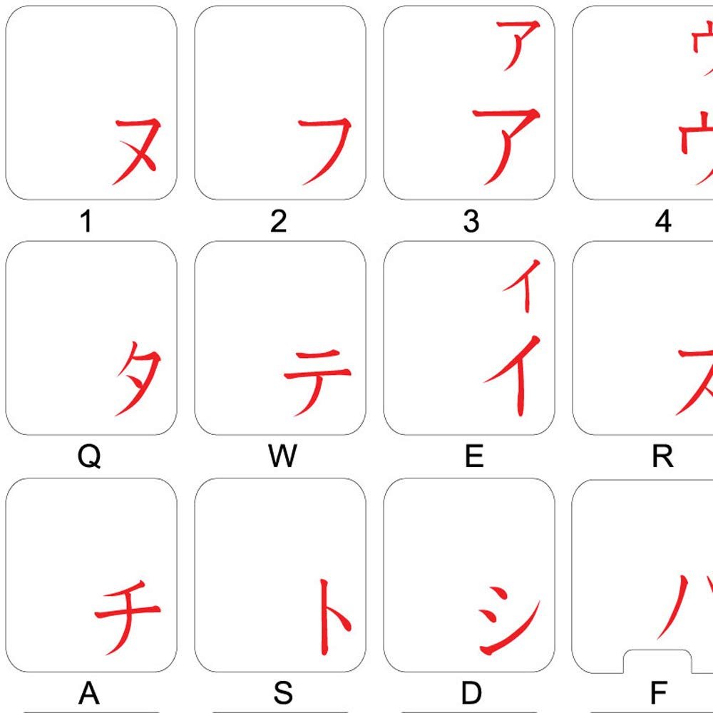 JAPANESE KATAKANA KEYBOARD STICKERS WITH RED LETTERING ON TRANSPARENT BACKGROUND FOR DESKTOP, LAPTOP AND NOTEBOOK