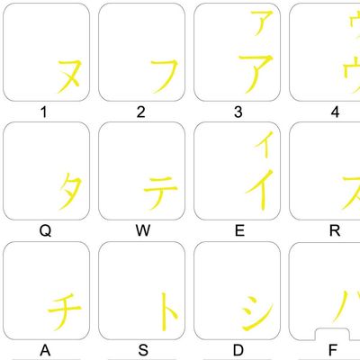 JAPANESE KATAKANA KEYBOARD LABELS LAYOUT with YELLOW LETTERING TRANSPARENT BACKGROUND for DESKTOP, LAPTOP and NOTEBOOK