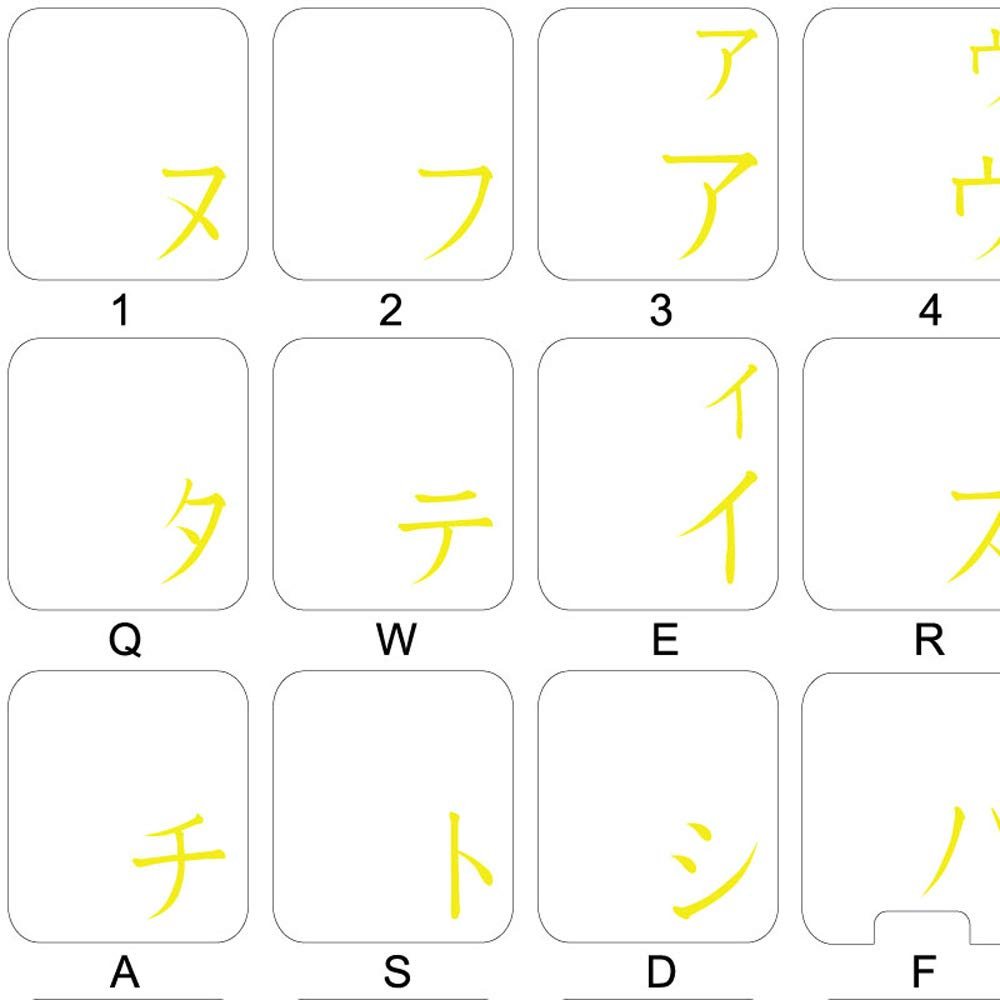 JAPANESE KATAKANA KEYBOARD LABELS LAYOUT with YELLOW LETTERING TRANSPARENT BACKGROUND for DESKTOP, LAPTOP and NOTEBOOK
