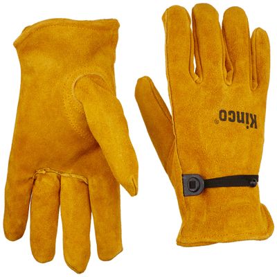 Kinco 035117502055 Unlined Suede Cowhide Leather Drivers Glove with Ball and Tape Pull Strap Golden, Large, Single Pair