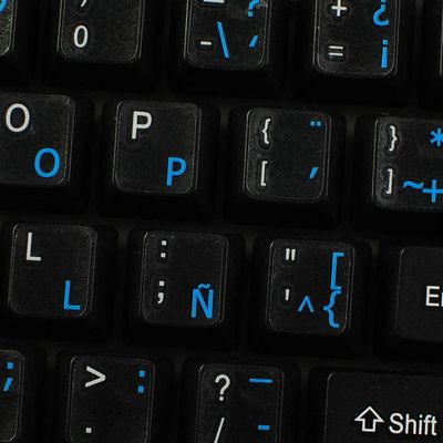 4Keyboard Spanish (Latin American) Keyboard Stickers with Blue Lettering ON Clear Transparent Background for Desktop, Laptop and Notebook