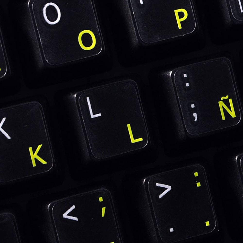 SPANISH (LATIN AMERICAN) KEYBOARD LABELS WITH YELLOW LETTERING ON TRANSPARENT BACKGROUND