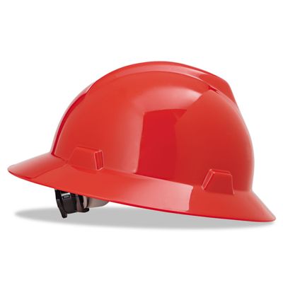 MSA 475371 V-Gard Full-Brim Hard Hats, Ratchet Suspension, Size 6 1/2-8, Red