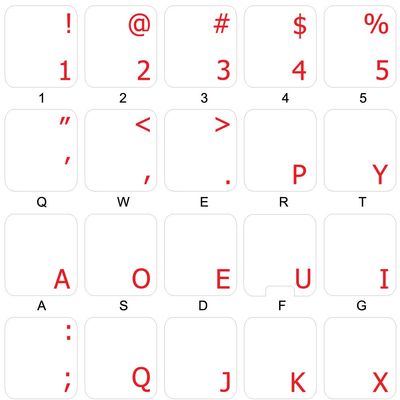 4Keyboard Dvorak Simplified Keyboard Stickers with RED Lettering ON Transparent Background for Desktop, Laptop and Notebook