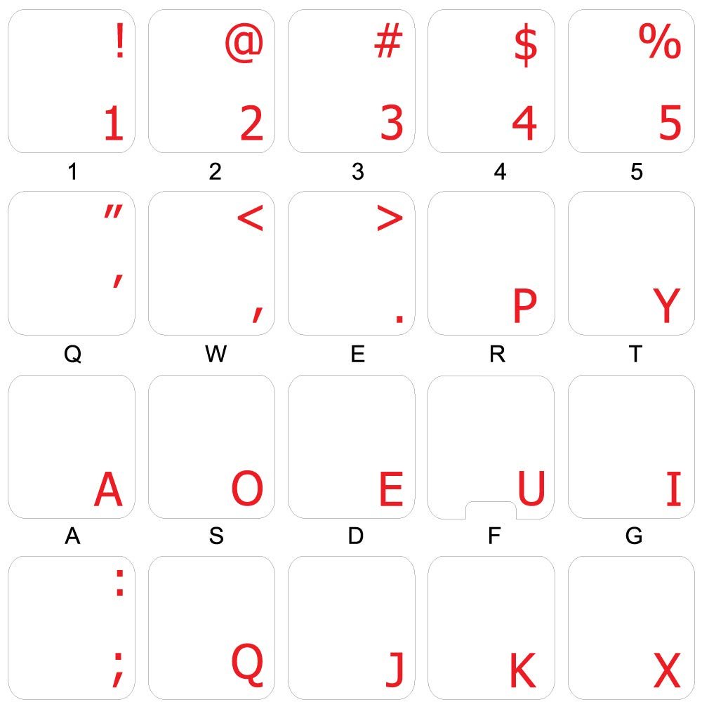 4Keyboard Dvorak Simplified Keyboard Stickers with RED Lettering ON Transparent Background for Desktop, Laptop and Notebook