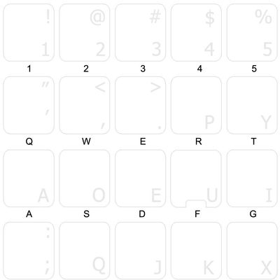 DVORAK SIMPLIFIED KEYBOARD DECALS WITH WHITE LETTERING ON TRANSPARENT BACKGROUND FOR DESKTOP, LAPTOP AND NOTEBOOK