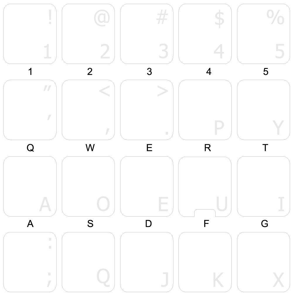 DVORAK SIMPLIFIED KEYBOARD DECALS WITH WHITE LETTERING ON TRANSPARENT BACKGROUND FOR DESKTOP, LAPTOP AND NOTEBOOK