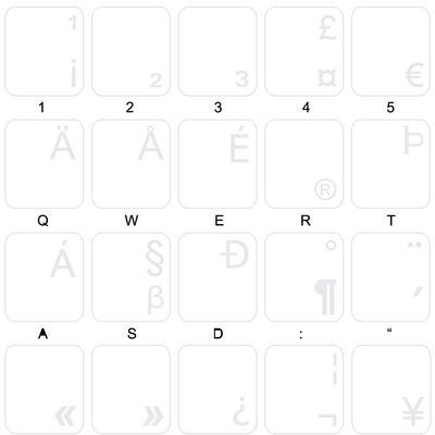 English US International Keyboard Labels with White Lettering ON Transparent Background for Desktop, Laptop and Notebook