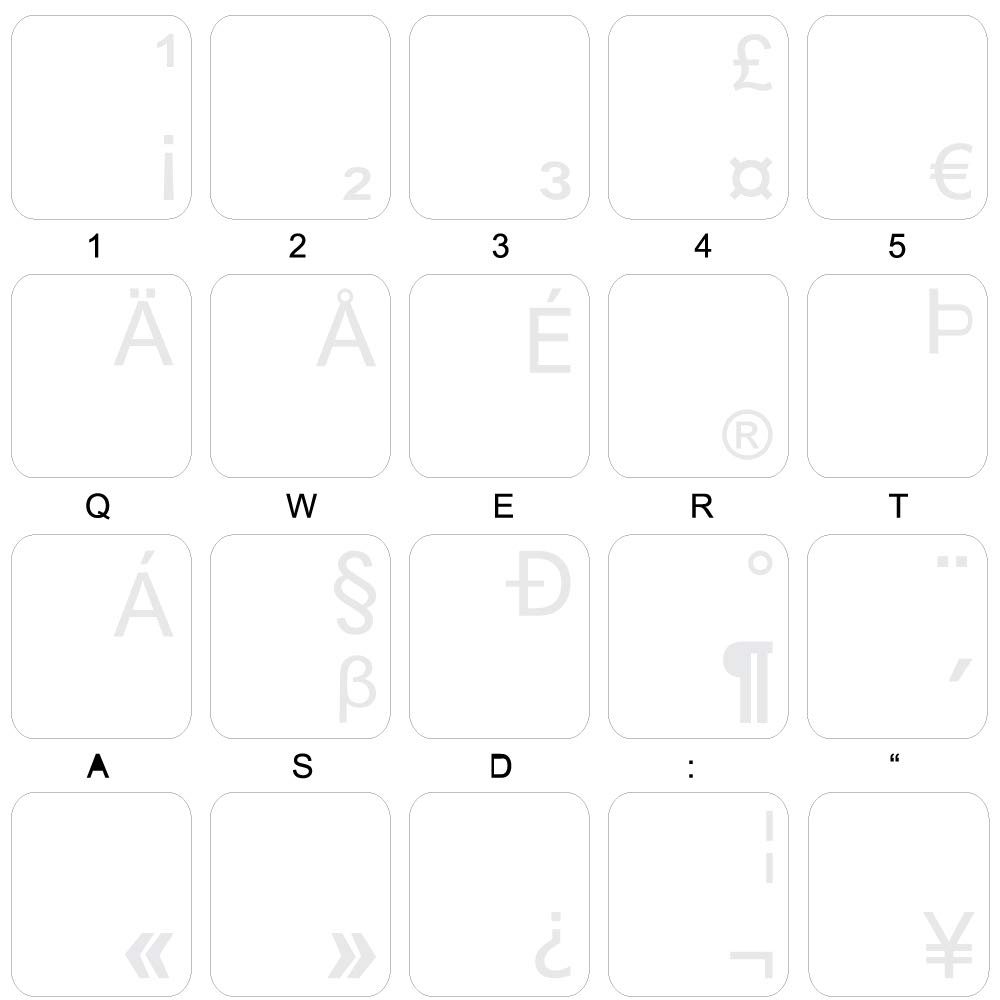 English US International Keyboard Labels with White Lettering ON Transparent Background for Desktop, Laptop and Notebook