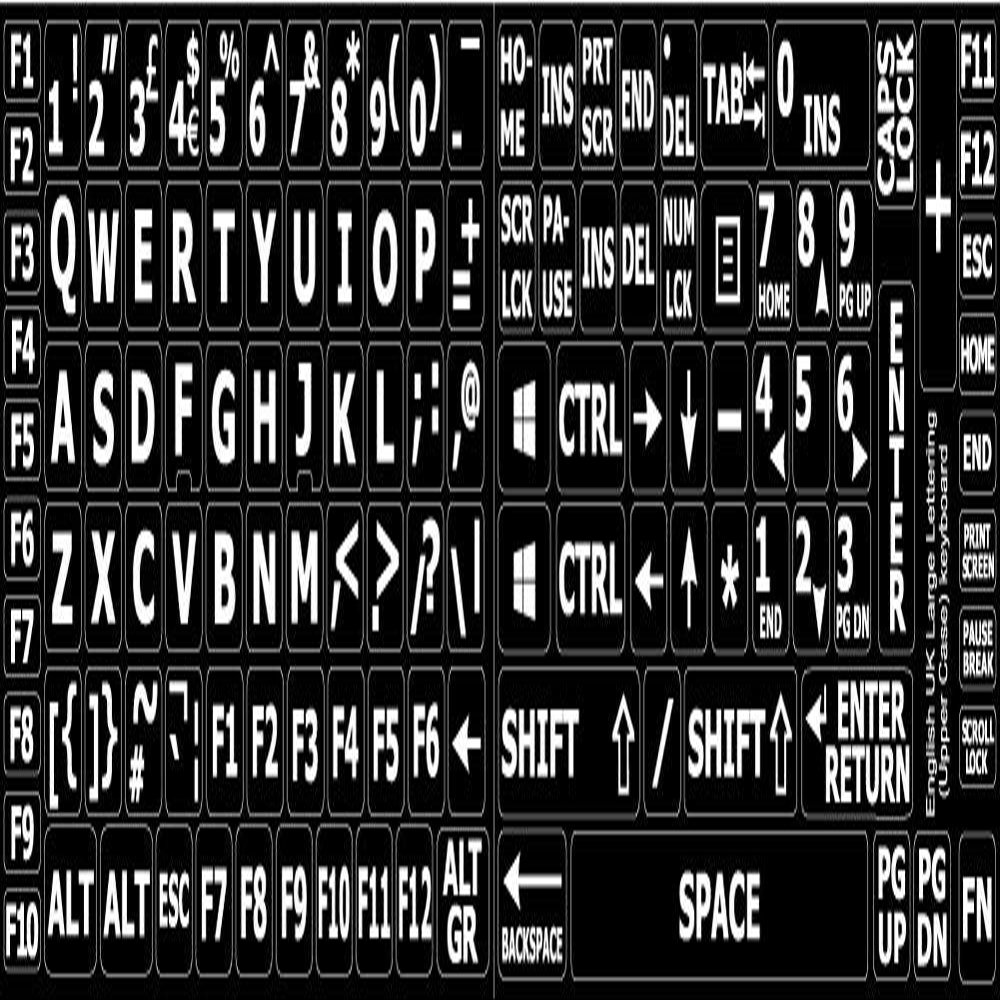English UK Large Lettering Keyboard Sticker (Upper CASE) ON Black Background