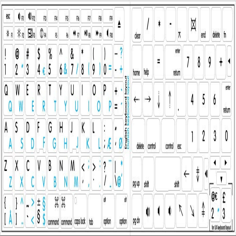 4Keyboard MAC English-Danish Keyboard Labels White Background for Desktop, Laptop and Notebook