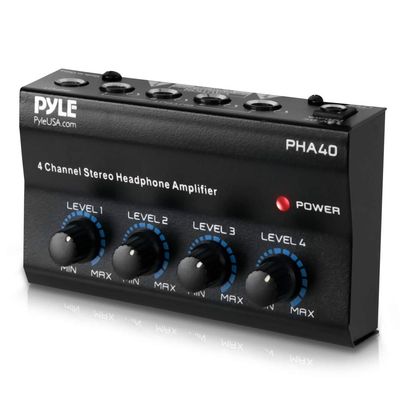 Pyle 4-Channel Portable Stereo Headphone Amplifier - Professional Multi Channel Mini Earphone Splitter Amp w/ 4 Balanced TRS Headphones Output Jack and 1/4" TRS Audio Input For Sound Mixer